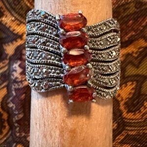 Vintage Style Silver Ring with Orange Gemstones – Wide Statement Band